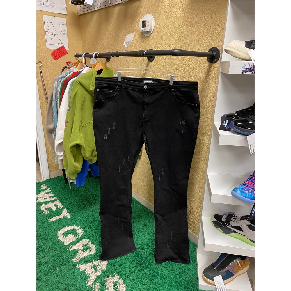 Serenede Mens Black Stacked Denim Distressed Jeans Size 44 Good Condition
